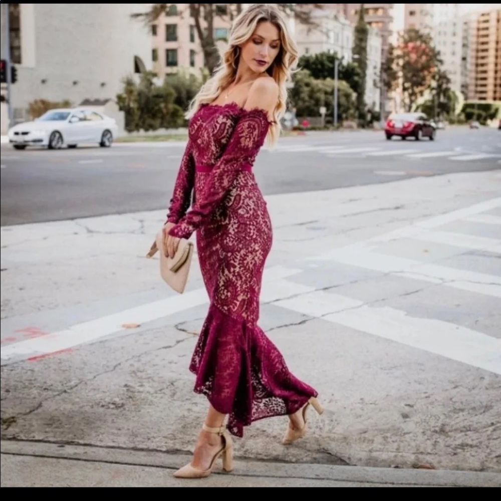 Vici Burgundy Lace Off-Shoulder Midi Dress